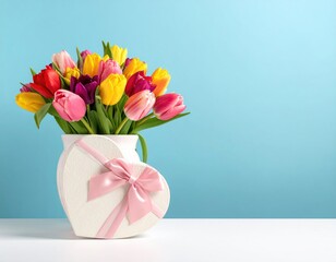 Obraz premium Colorful tulips in vase, heart-shaped box, blue backdrop