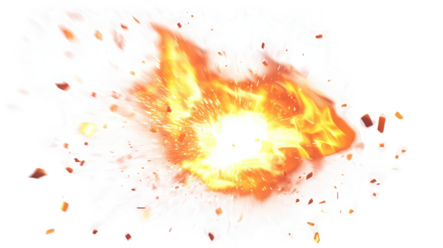 A dynamic explosion of fire and smoke with debris scattered against a black background creating drama