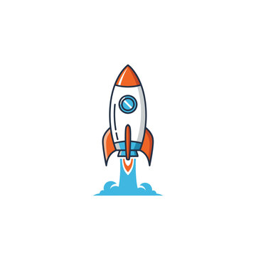 Cartoon rocket launching into space symbolizing startup success innovation technology exploration and future growth with a clear exhaust plume on a clean background