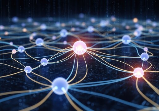 Abstract digital network with glowing spheres and interconnected lines, symbolizing data flow, ai, and global tech