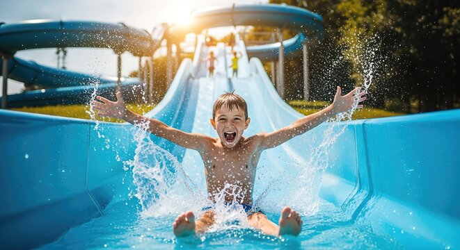 Young boy joyfully splashes down a water slide, surrounded by bright blue slides and greenery, capturing the essence of children's fun and leisure activities
