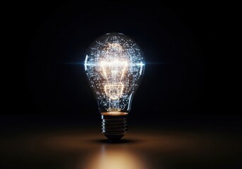 A glowing light bulb with an intricate digital circuit filament illuminates a dark space, symbolizing innovation and technology