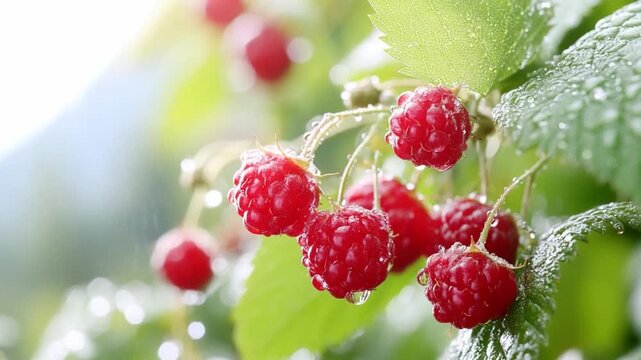 Crimson Jewels: A close-up shot of a cluster of ripe raspberries glistens with droplets, their vibrant color contrasting with the surrounding green foliage, all bathed in the soft glow of sunlight.