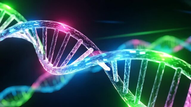 Animated colorful dna helix structure with glowing visual effects for science and medicine - Powered by Adobe