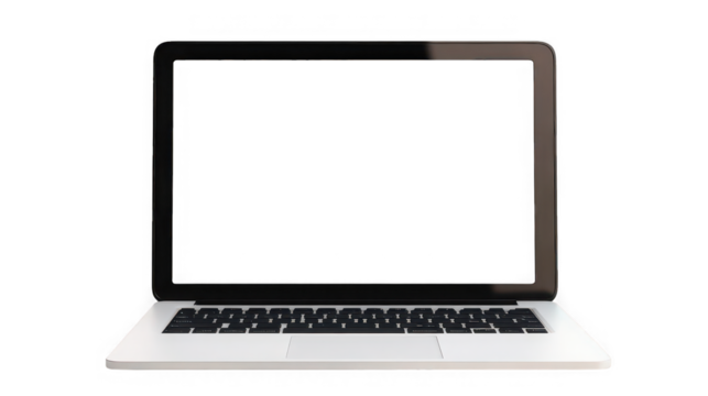 A laptop with a black screen and a white keyboard on a black background in a studio shot