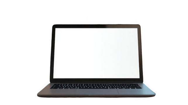 A laptop with a blank white screen is centered against a stark black background in a studio shot