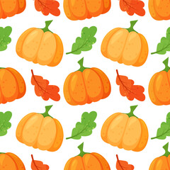Cute cozy autumn seamless pattern with pumpkins and fall leaves. Perfect for seasonal designs, stationery, or home decor