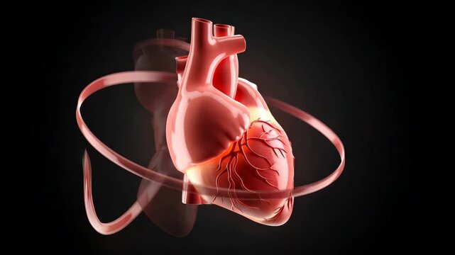 Animated human heart anatomy with rotating ribbons against a black background