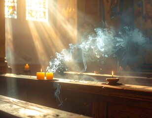 Sunlit interior view featuring candles, smoke, and stained-glass windows