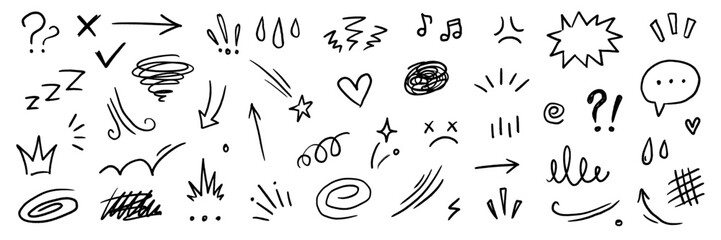 Line hand drawn cute movement element effect sketch shape. Hand drawn cute doodle line motion element arrow, emphasis, shock emotion, sparkle. Motion cartoon emoticon chalk icon. Vector illustration © Polina Tomtosova