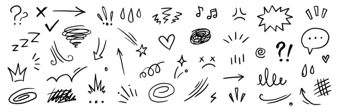 Line hand drawn cute movement element effect sketch shape. Hand drawn cute doodle line motion element arrow, emphasis, shock emotion, sparkle. Motion cartoon emoticon chalk icon. Vector illustration