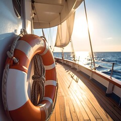 Sunny deck view, life preserver hanging, ocean and sky in background