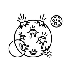 Erupting Planet and Cratered Moon Line Art Icon