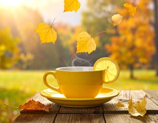 Steaming cup of tea with lemon in an autumn setting