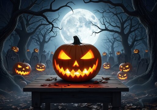 A mystical halloween night scene featuring a glowing jackolantern, full moon, and spooky trees in a haunted forest - Powered by Adobe