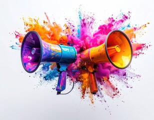 Two painted megaphones erupting in vibrant powder