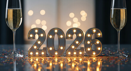 Illustration of illuminated marquee number 2026 with champagne glasses for new year celebration