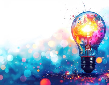 Colorful light bulb with abstract, glowing design