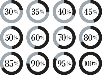 Infographic Circle with Percentage Icon set. Round diagrams icons for infographics from 0 to 100 percent collection.Design for dashboards, UI, reports, and analytics visuals. Vector illustration.