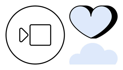 Video play symbol in a circle, paired with a heart and cloud shape. Ideal for media, online communication, love, technology, social platforms, streaming services, simple flat metaphor