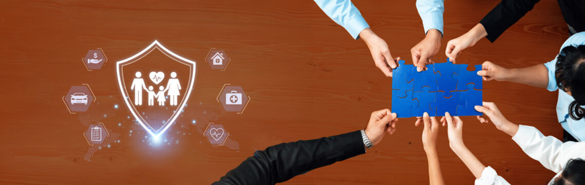 Concept of comprehensive insurance coverage and financial planning. A policy that provides life, health, and asset protection for a family's security and risk management. Fermion