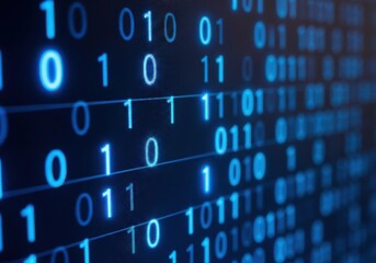 Closeup of glowing blue binary code on a digital screen, representing data, technology, and information flow