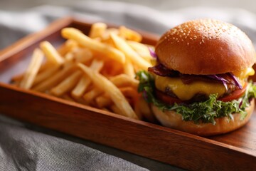 burger and fries combo served on wooden tray, casual dining vibe