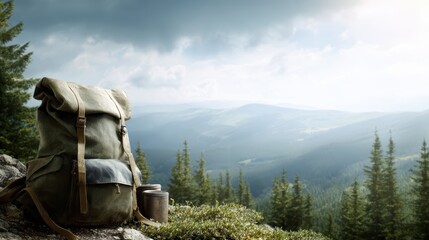 mountain hiking adventure scene with scenic view, lush greenery, outdoor travel gear, fresh air and natural beauty