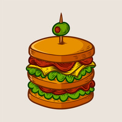 detailed classic vintage big stacked sandwich cartoon isolated drawing line art style design illustration