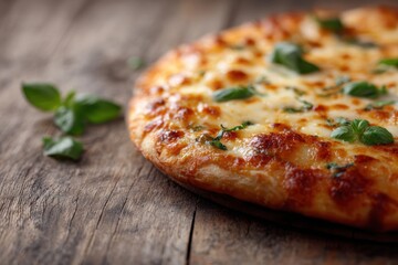 pizza with melted cheese and fresh basil, rustic background, Italian cuisine concept