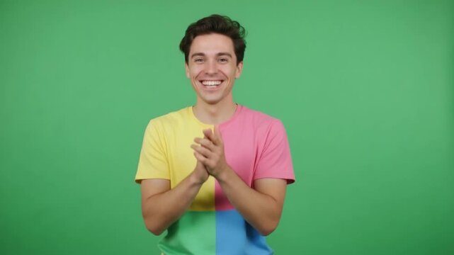 Enthusiastic Applause: A young individual claps his hands with genuine happiness, radiating positive energy. He wears a vibrant shirt against a plain background, the portrait encapsulates joy.
