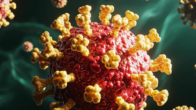 3d rendering of coronavirus particles floating in a dark green fluid environment representing a microscopic view of infection