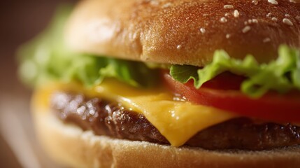 classic cheeseburger with lettuce, tomato, and melted cheese, close-up shot, appetizing details