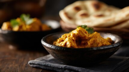 Indian curry served in traditional bowls with naan bread, rich spices, cultural authenticity