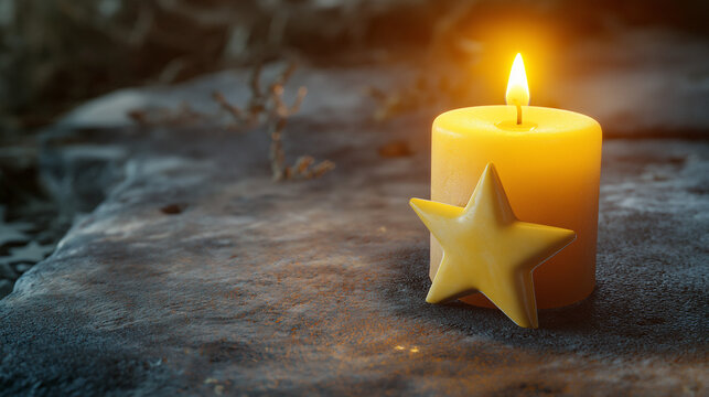 Yellow candle and star decoration glowing on stone surface