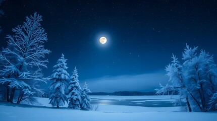 Magical winter night scene with snow covered pine tree forest under bright full moon