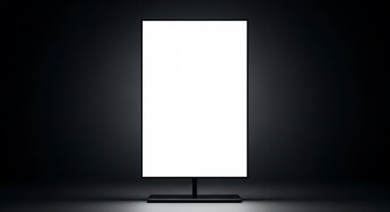 Modern illuminated vertical digital display screen against a dark background, showcasing a blank white panel ready for custom advertising content and brand promotion