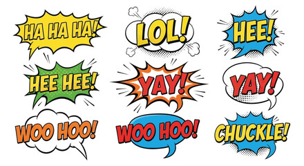 Obraz premium Vibrant Collection of Comic Style Speech Bubbles Expressing Laughter and Joyful Sounds