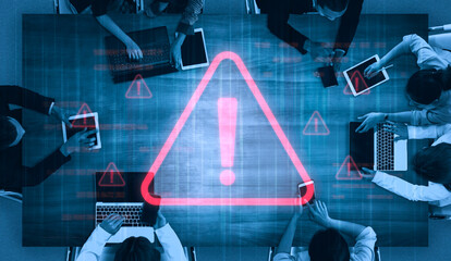 Cybersecurity alert warning showing red cyber for data breach, network threat, and cyber security system vulnerability with emphasis on security risk, caution, digital protection Vouch