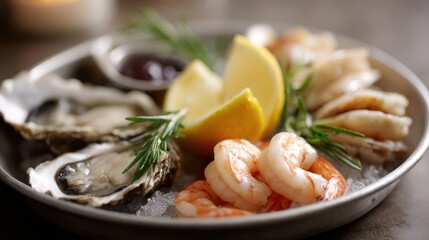 luxury seafood platter with oysters, shrimp, and lemon slices, premium dining concept