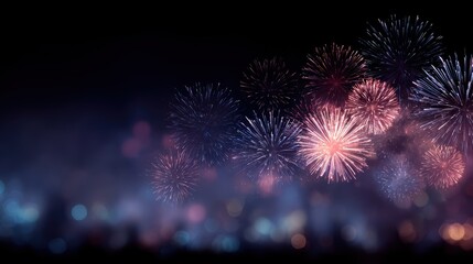 New Year celebration concept with fireworks illuminating night sky, vibrant colors, joyful atmosphere, city skyline backdrop
