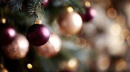 Christmas tree decoration close-up with sparkling lights, elegant ornaments, rich colors, cozy holiday ambiance