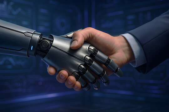 Human and Robot Handshake Representing AI Partnership and Future Technology Collaboration