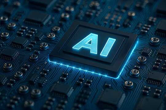 Glowing AI Chip on Futuristic Electronic Circuit Board