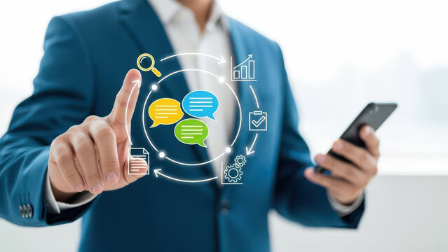 Businessman interacting with digital communication and social media icons