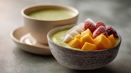 smoothie bowl and matching drink with tropical fruits, wellness and health theme