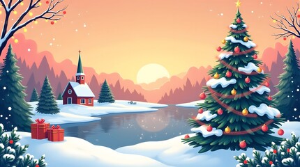 Pixel art winter landscape with decorated christmas tree and church at sunset