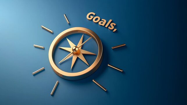 successful goal planning productivity concept Gold compass with the word "Goals" on a blue background.