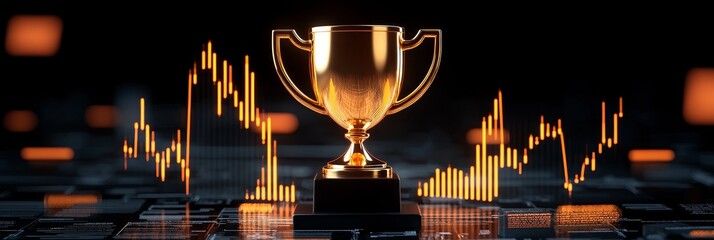 successful goal planning productivity concept Award trophy over digital stock market graphs background