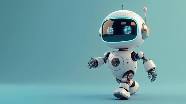 Small white robot walking on blue background, futuristic 3D rendering, modern minimalist style, abstract technology concept, isolated object, robotic movement, artificial intelligence, digit